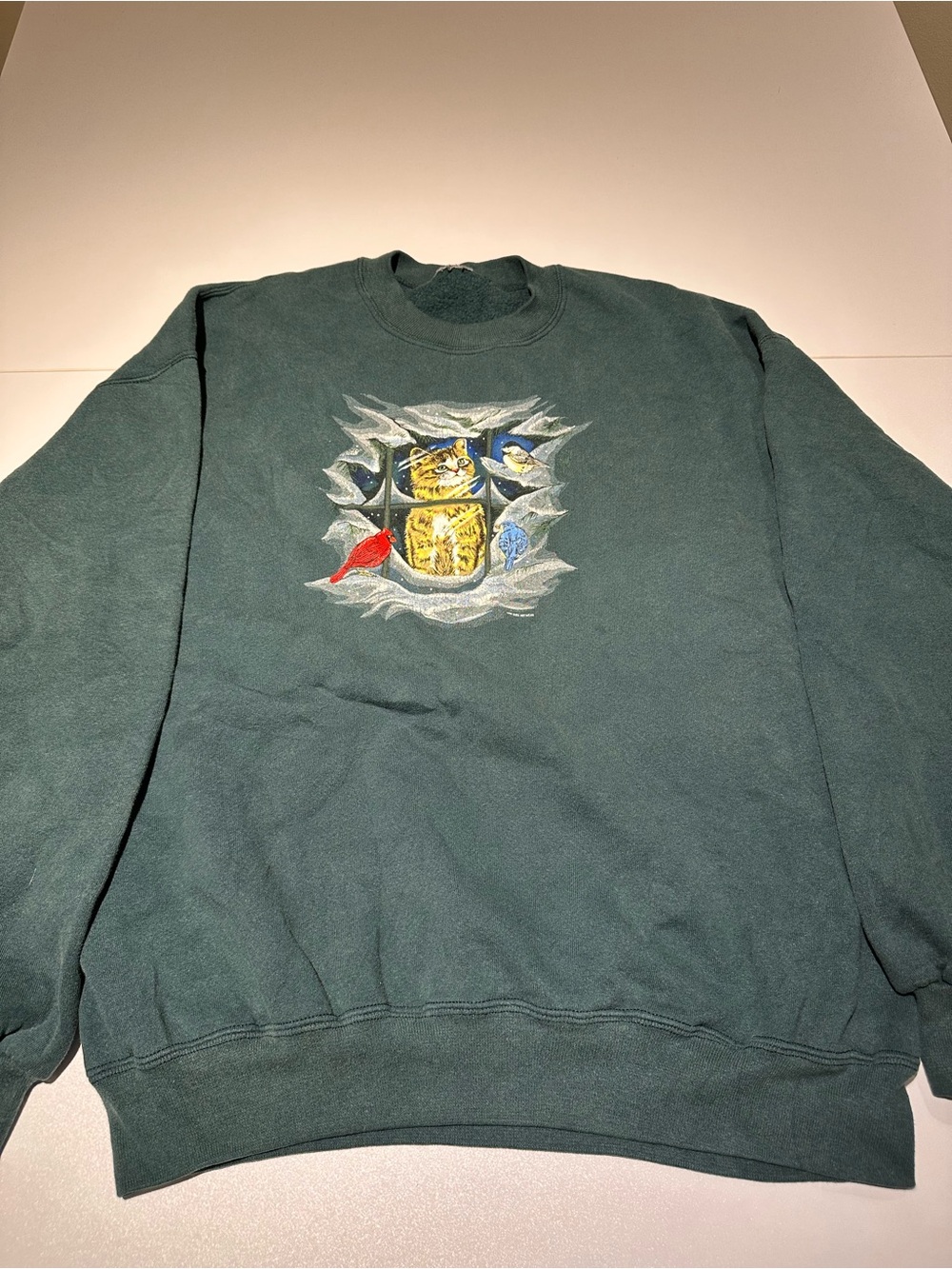 Dark Green Crewneck Sweater with Cat & Bird Embroidery